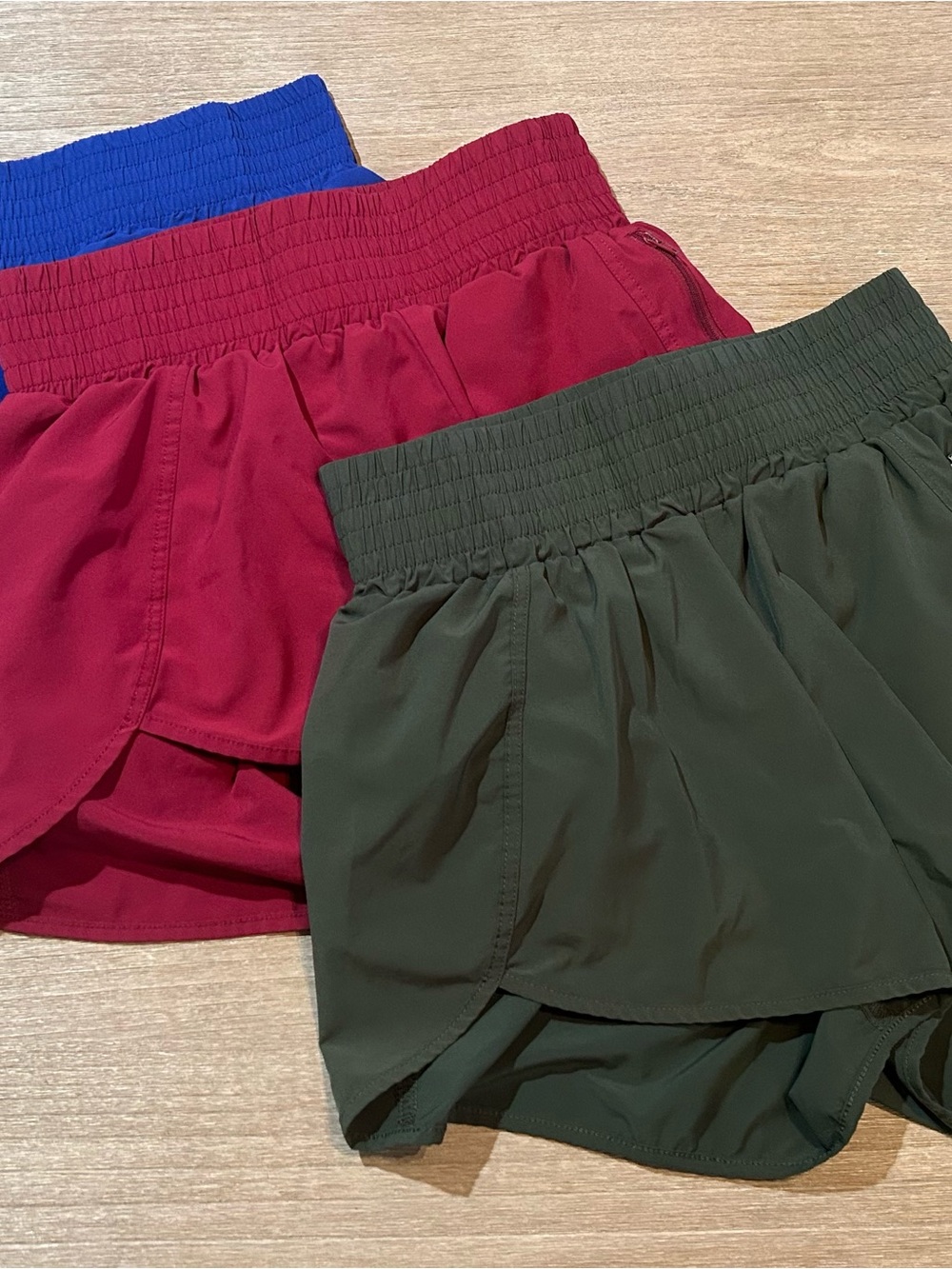 Women’s Elastic Waist Athletic Shorts - Olive Green, Burgundy, & Blue